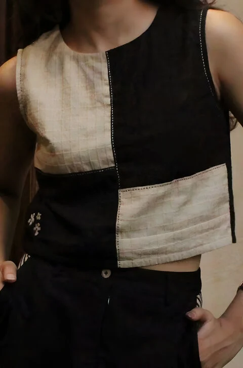 Black & Beige Patchwork Blouse – Black & Beige